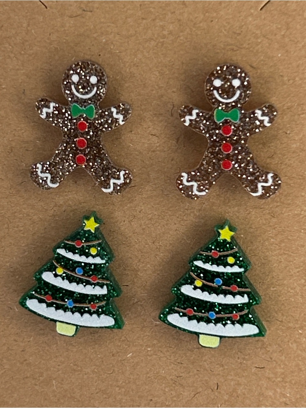 Christmas Tree & Gingerbread Stud Earrings Acrylic Green & Brown Fashion Jewelry